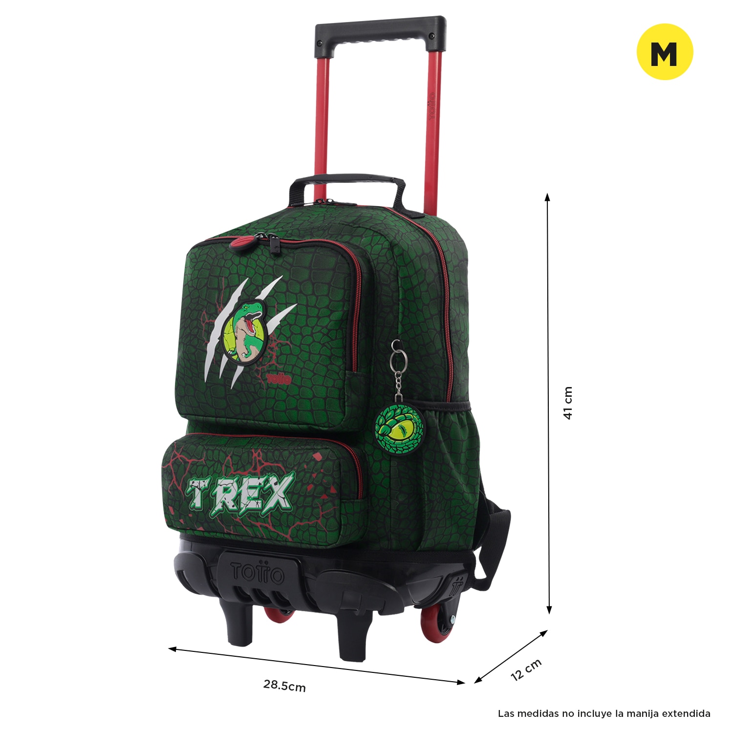Mochila infantil ruedas totto rex dino con bolsillos laterales y bolsillo frontal Verde oscuro-2