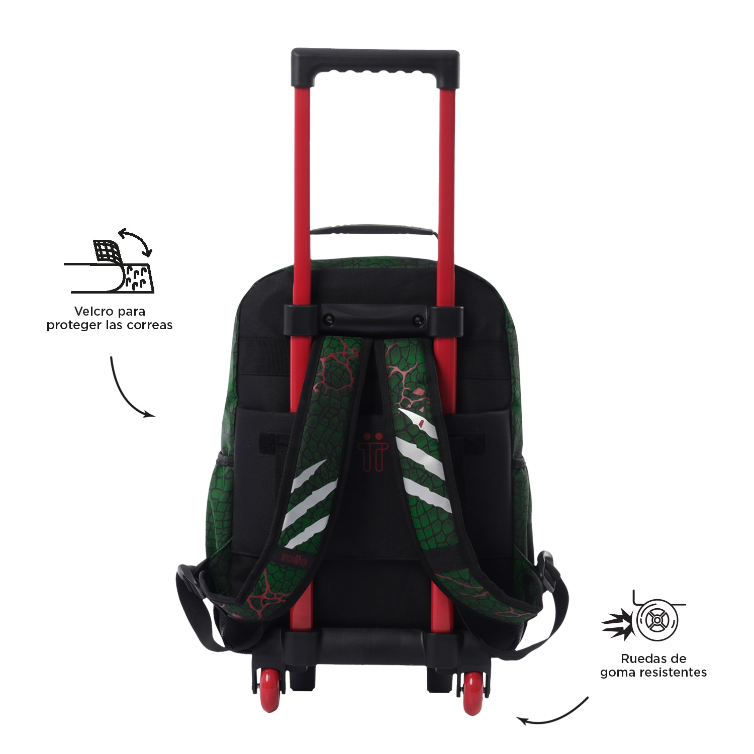 Mochila infantil ruedas totto rex dino con bolsillos laterales y bolsillo frontal Verde oscuro-3