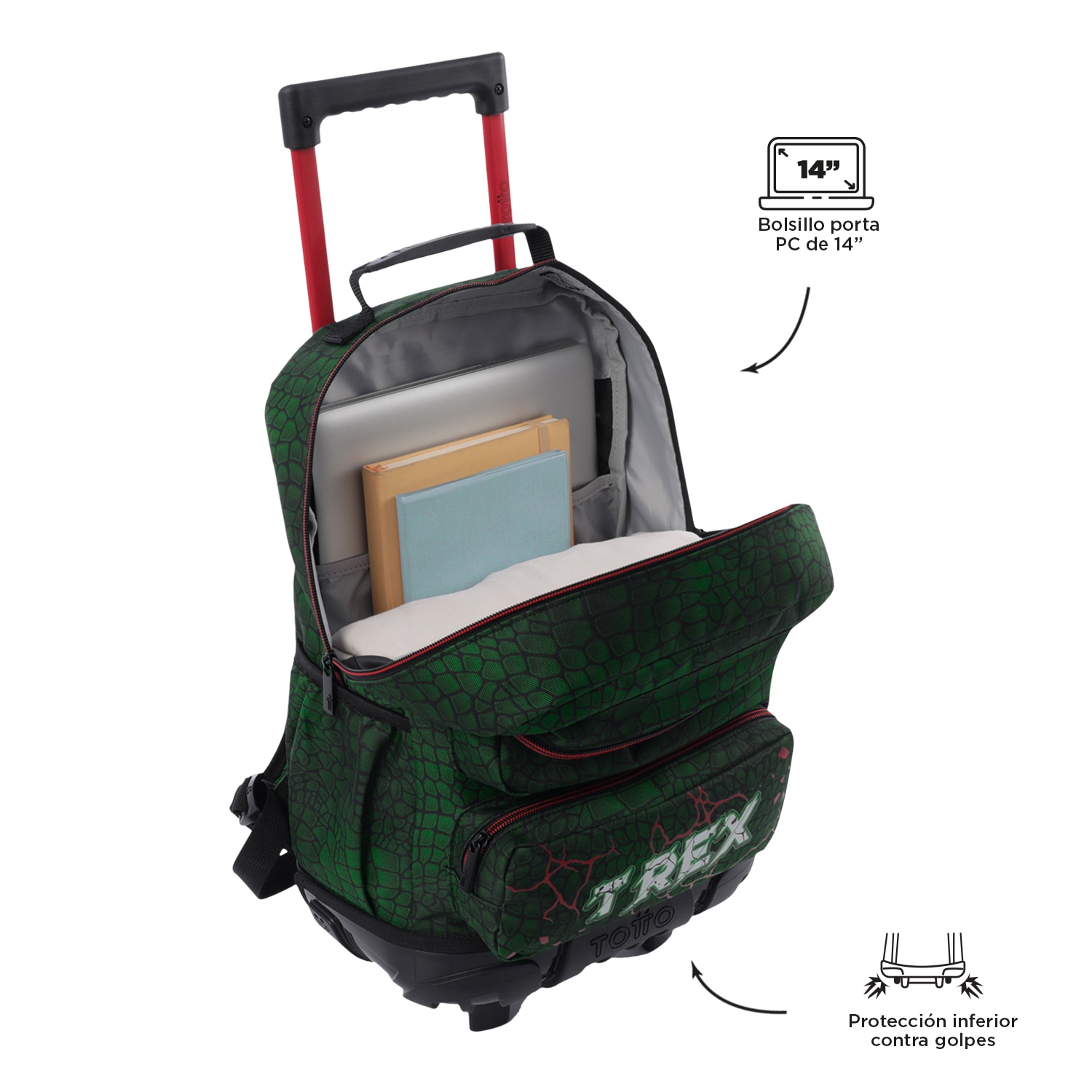 Mochila infantil ruedas totto rex dino con bolsillos laterales y bolsillo frontal Verde oscuro-4