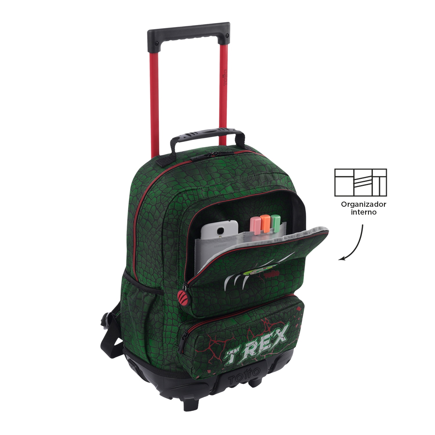 Mochila infantil ruedas totto rex dino con bolsillos laterales y bolsillo frontal Verde oscuro-5