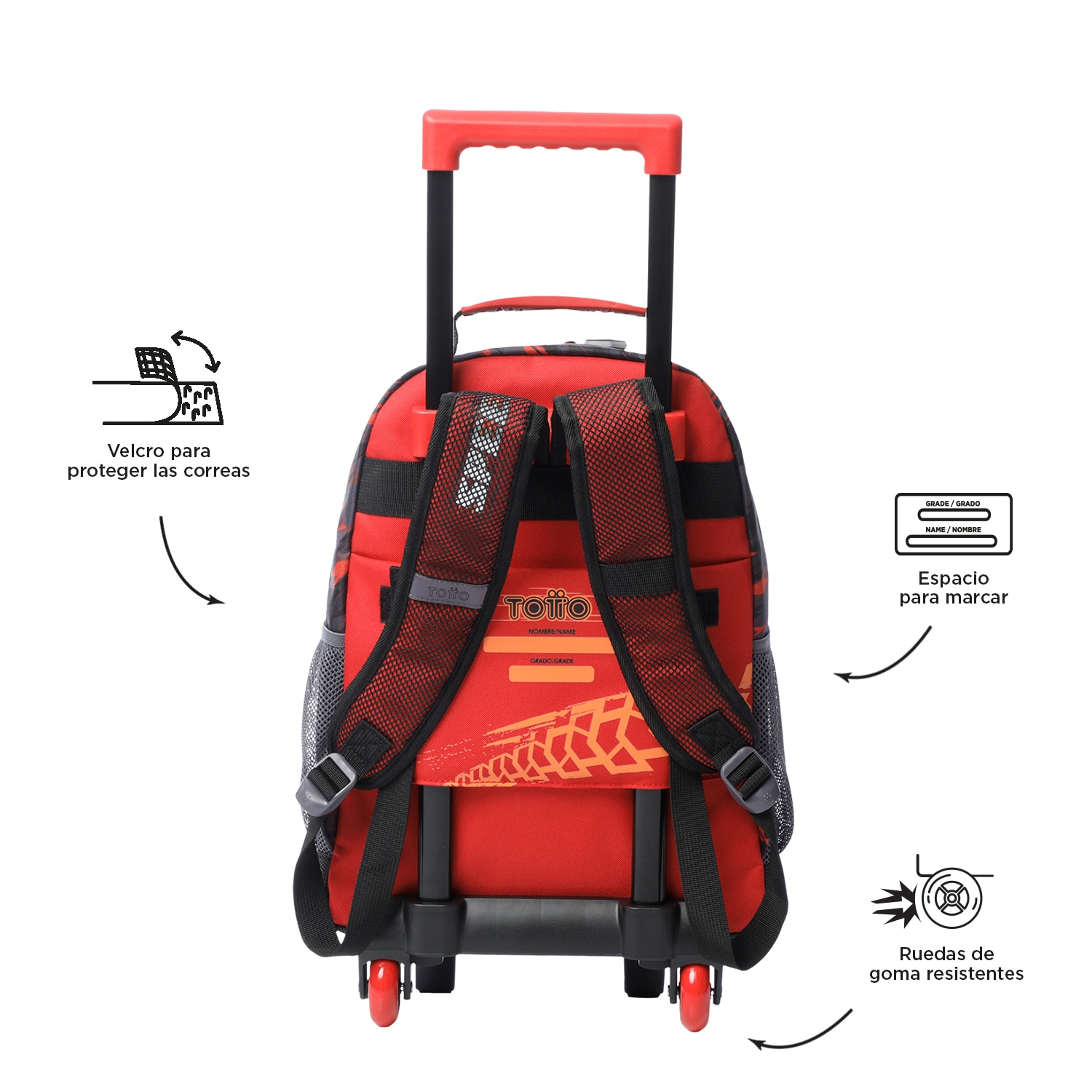 Mochila infantil ruedas totto speed biker con bolsillos laterales y correas acolchadas Negro / Naranja-3