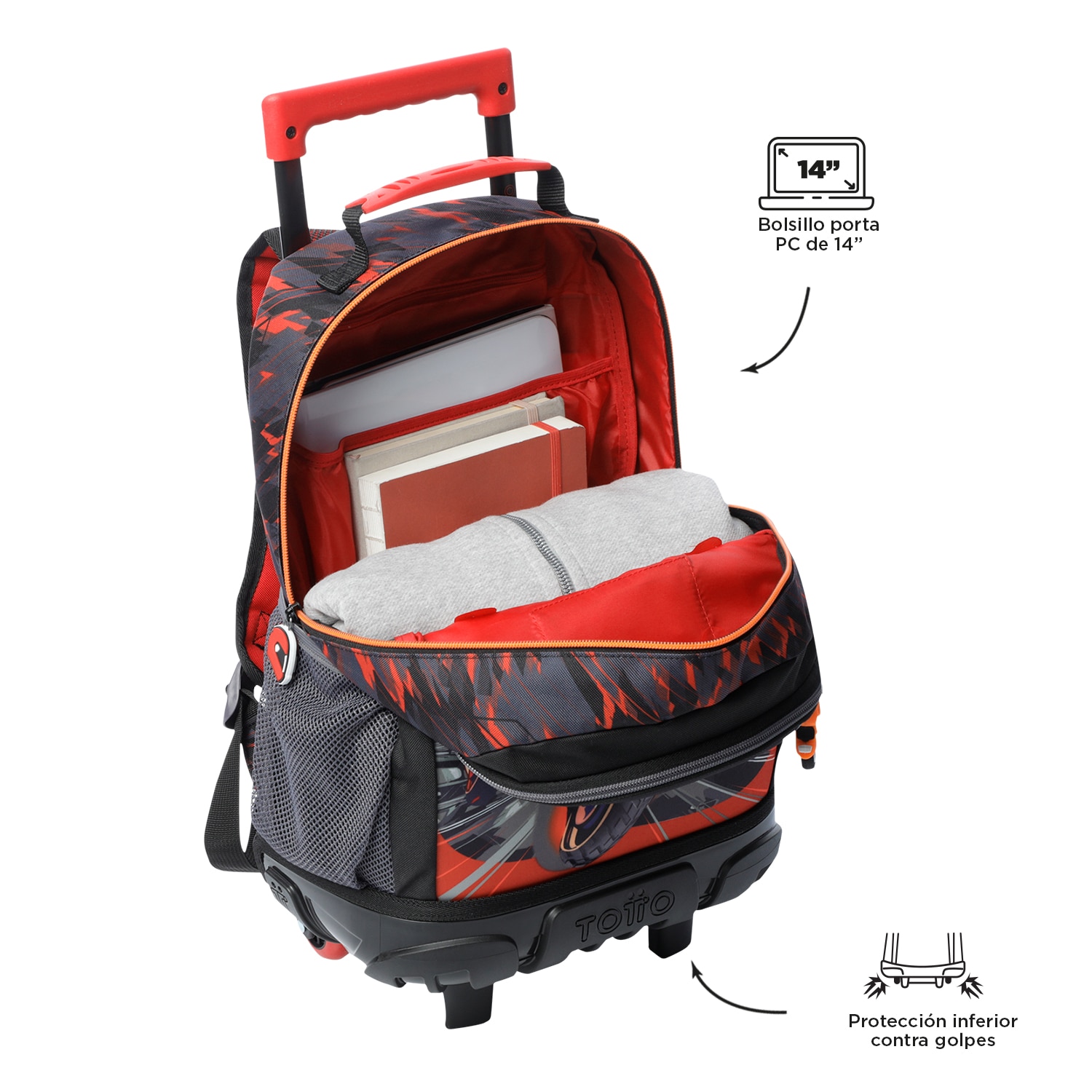 Mochila infantil ruedas totto speed biker con bolsillos laterales y correas acolchadas Negro / Naranja-4