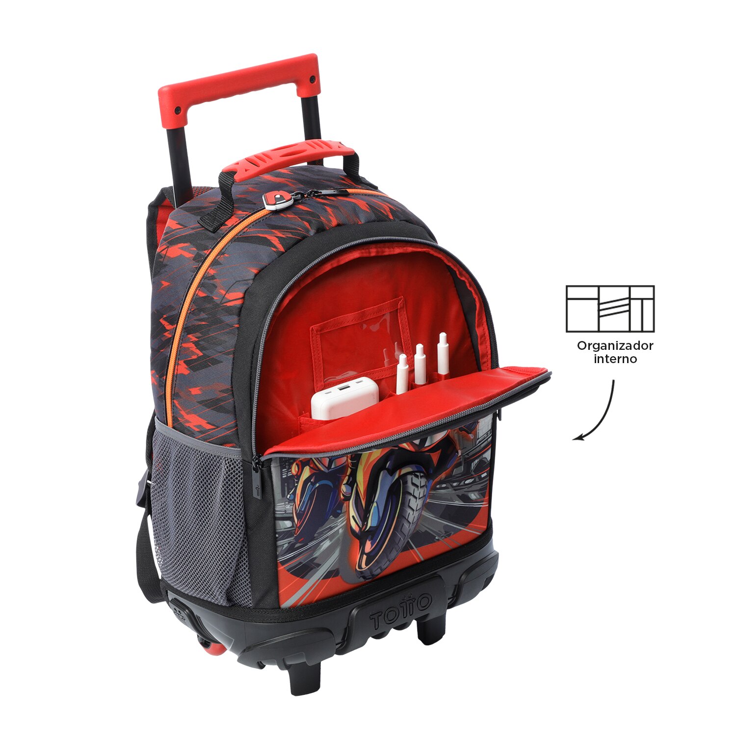 Mochila infantil ruedas totto speed biker con bolsillos laterales y correas acolchadas Negro / Naranja-5