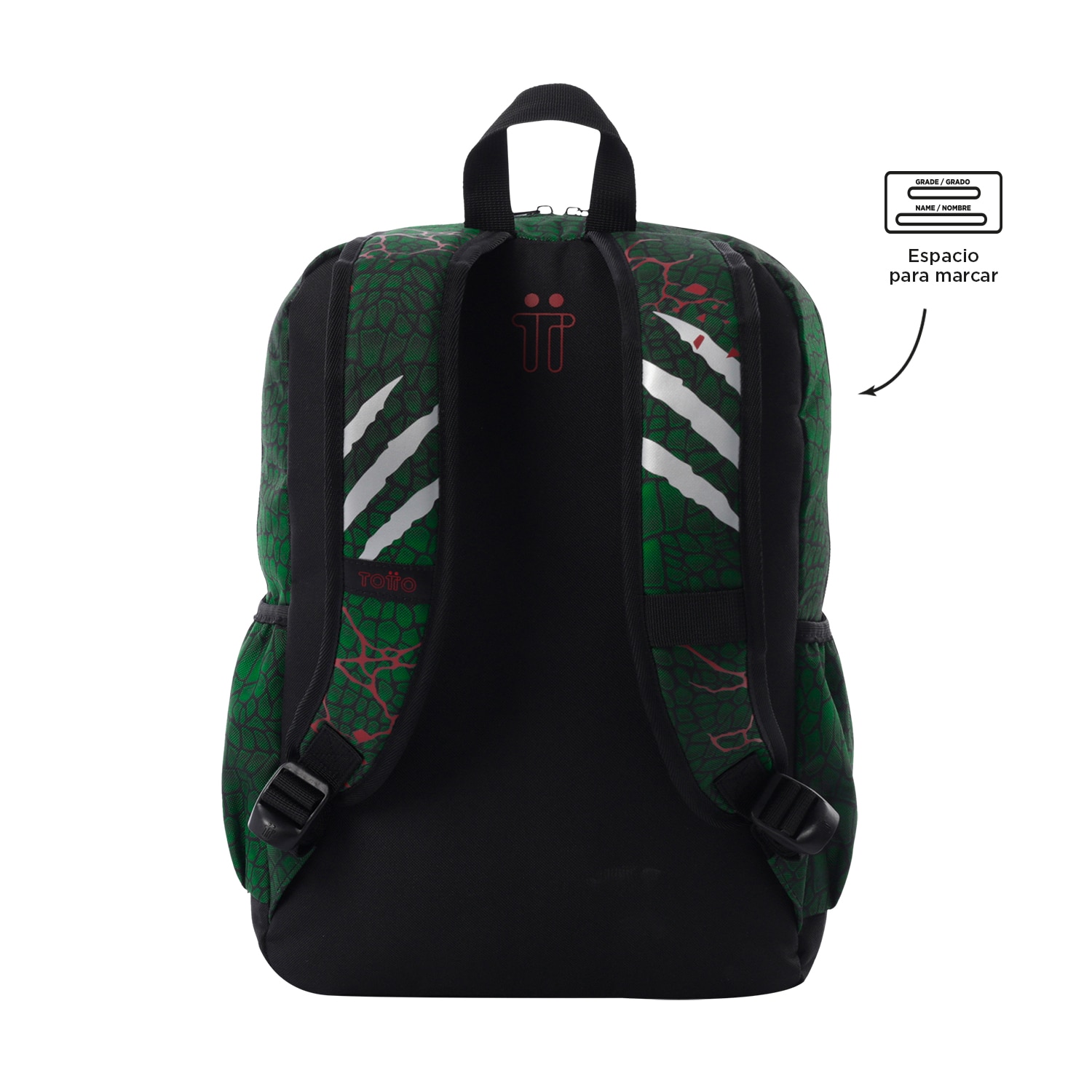 Imagen 3 de Mochila infantil totto rex dino con bolsillos laterales y bolsillo frontal Verde