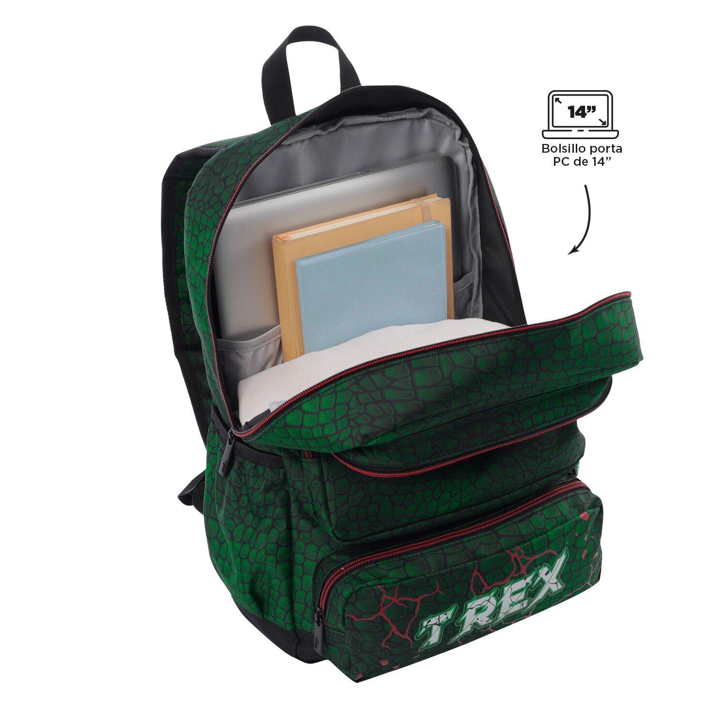 Imagen 4 de Mochila infantil totto rex dino con bolsillos laterales y bolsillo frontal Verde