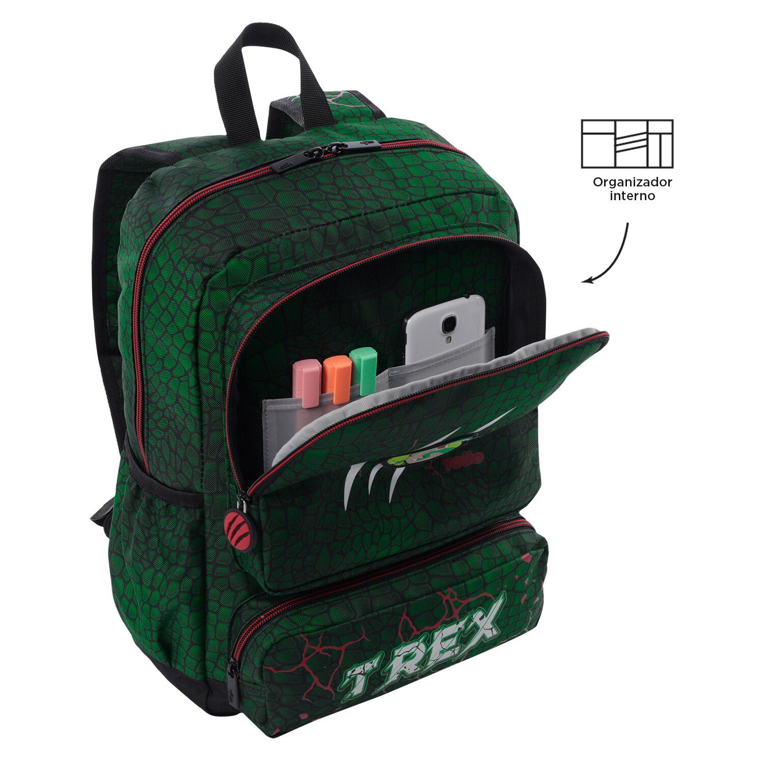Imagen 5 de Mochila infantil totto rex dino con bolsillos laterales y bolsillo frontal Verde