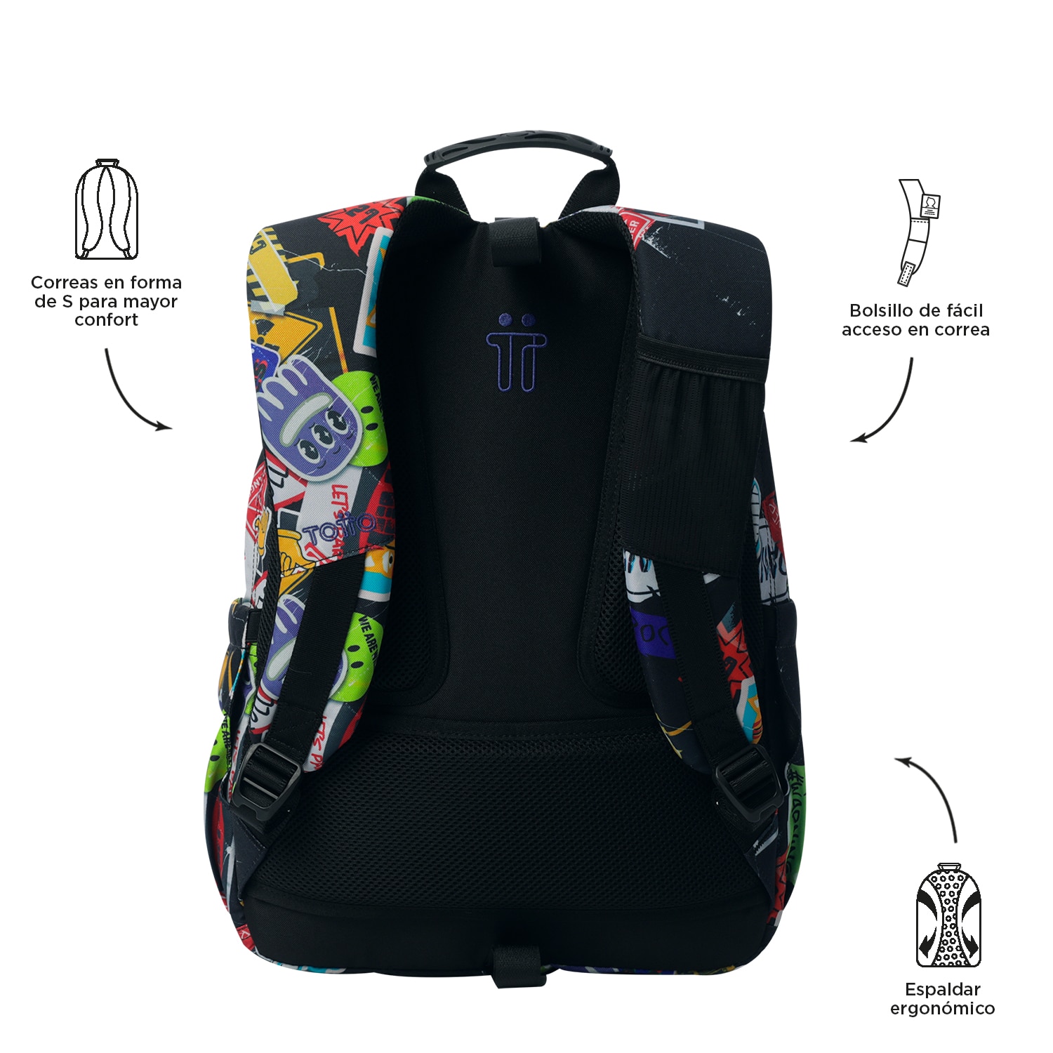 Mochila escolar totto acuareles sticky para portátil de 14” y adaptable a carro Negro-3
