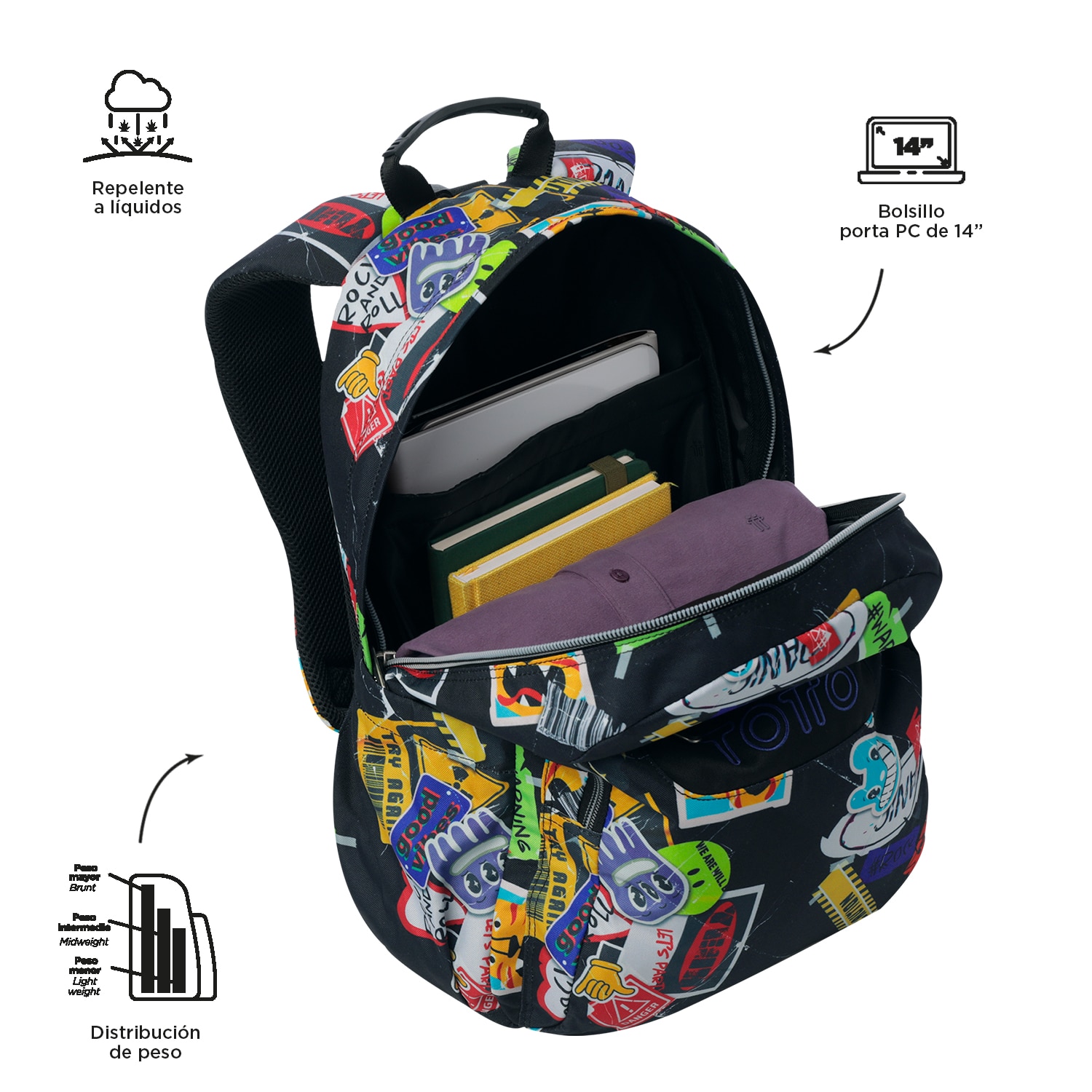 Mochila escolar totto acuareles sticky para portátil de 14” y adaptable a carro Negro-4