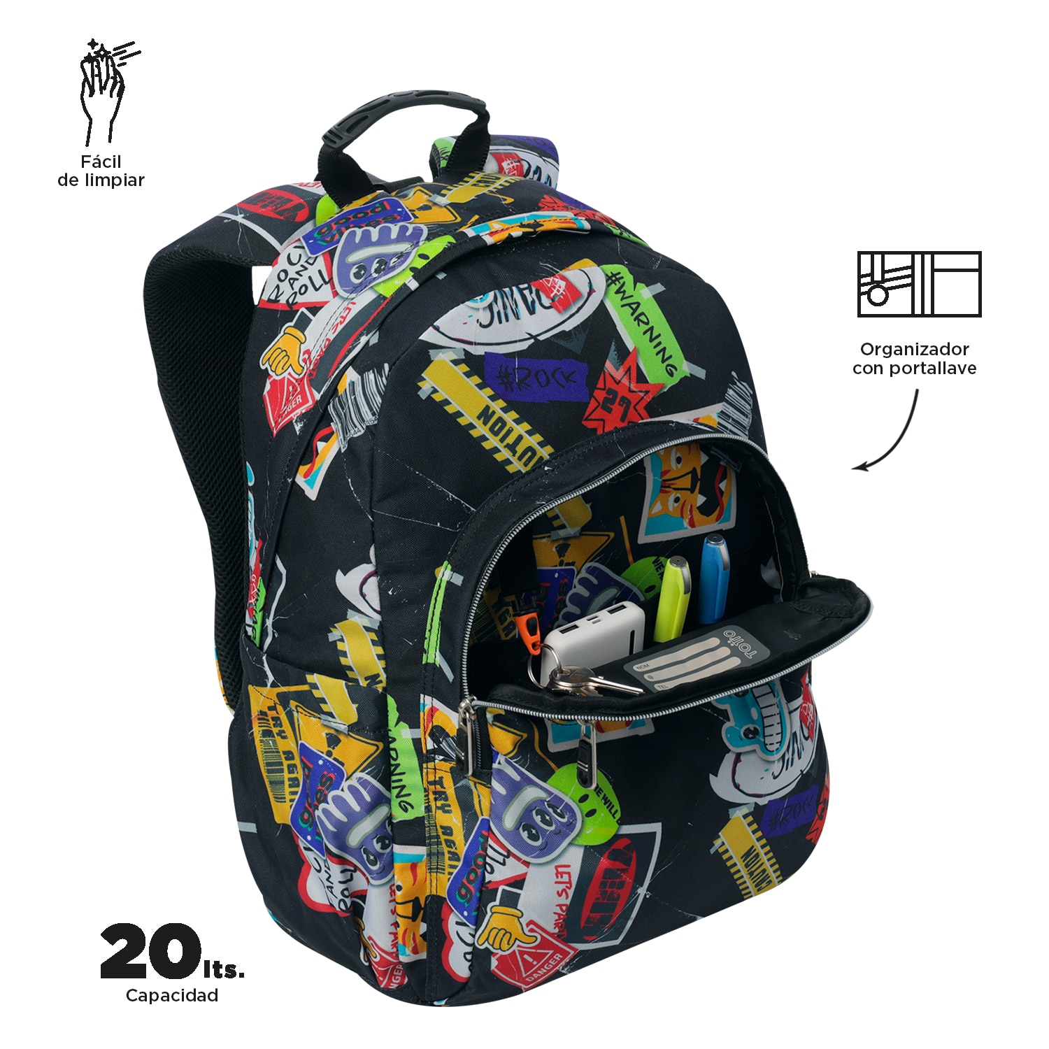 Mochila escolar totto acuareles sticky para portátil de 14” y adaptable a carro Negro-5