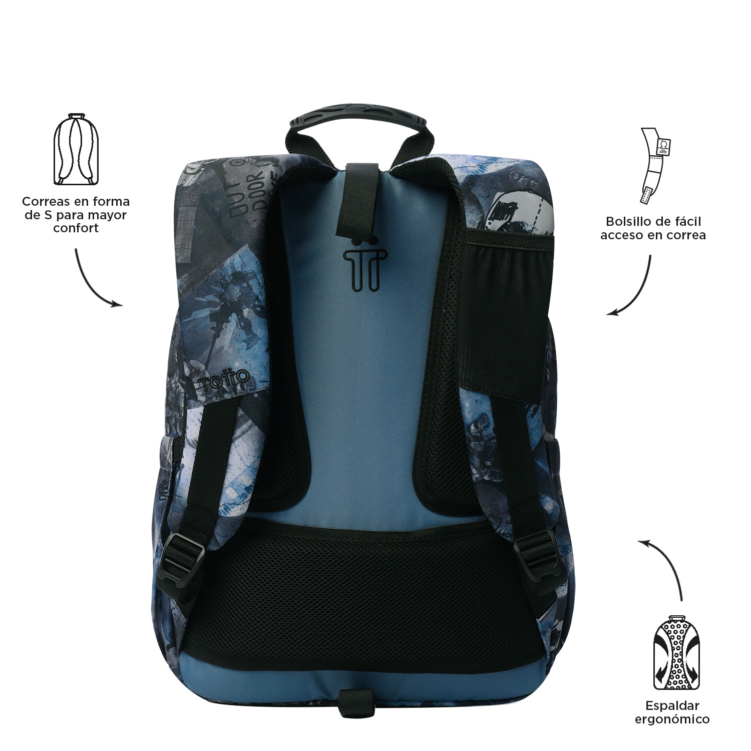 Mochila escolar totto acuareles film para portátil de 14” y adaptable a carro Azul / Gris-3
