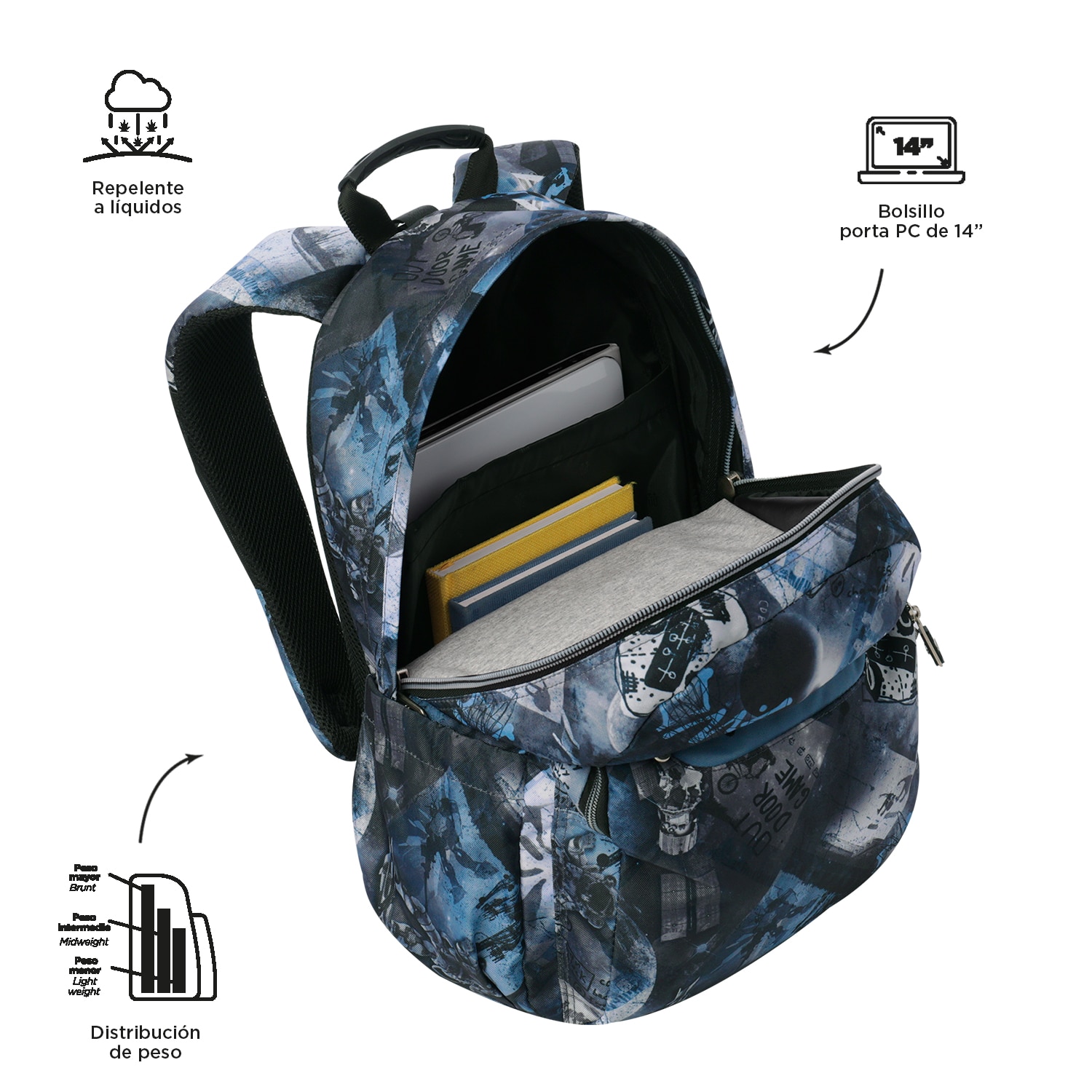 Mochila escolar totto acuareles film para portátil de 14” y adaptable a carro Azul / Gris-4