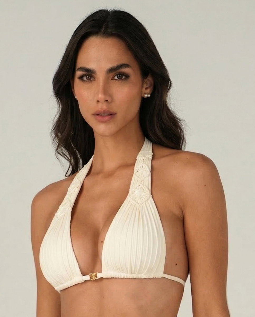 Imagen 0 de Top de bikini cuello halter liso con relleno Marfil