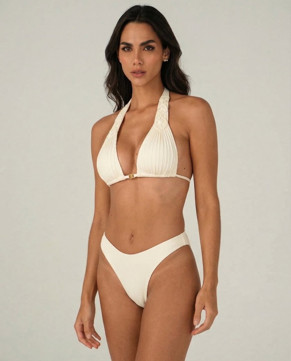 Top de bikini cuello halter liso con relleno - Lua Morena - Marfil Marfil-2