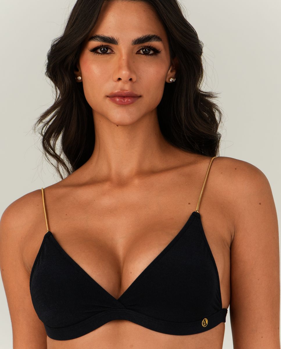 Top de bikini triángulo liso con relleno - Lua Morena - Negro Negro-1