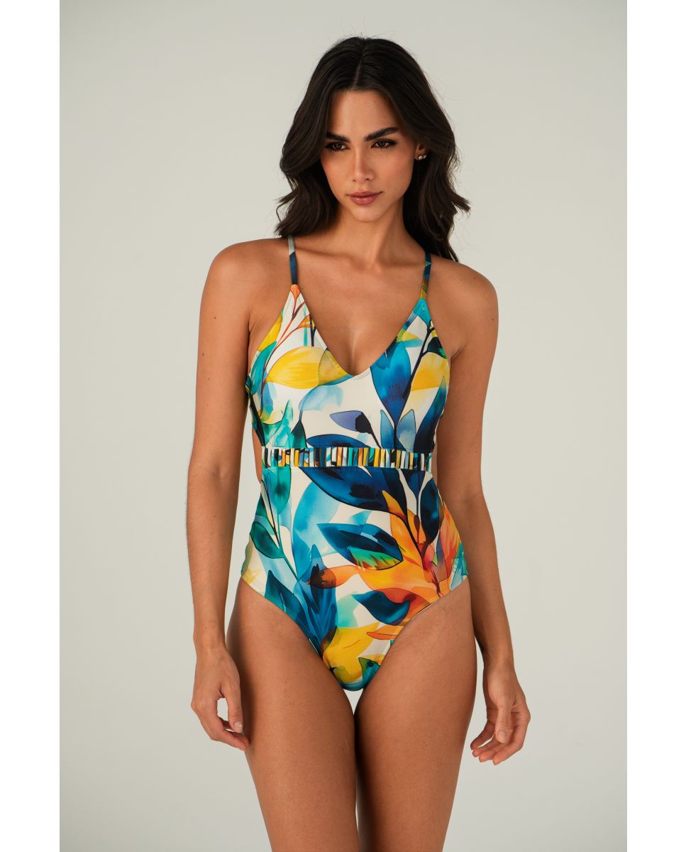 Bañador de mujer brasileño estampado con relleno - Lua Morena - Azul / Amarillo Azul / Amarillo-1