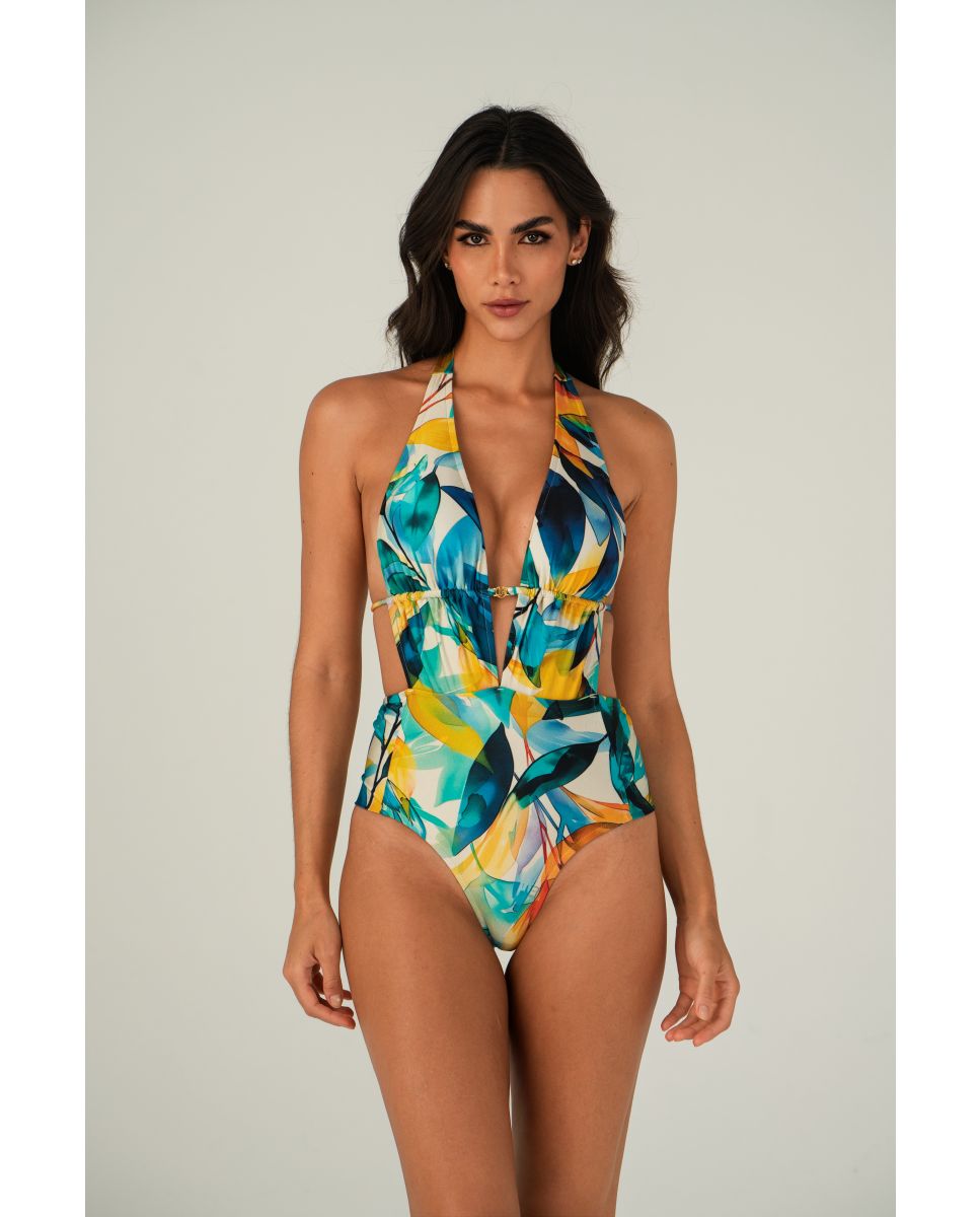 Bañador de mujer escote redondo estampado con relleno - Lua Morena - Azul / Amarillo Azul / Amarillo-1