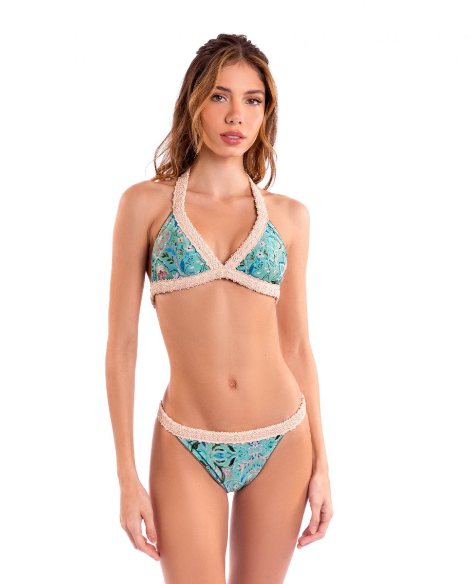 Conjunto de bikini completo con sujetador cuello halter y braga brasileña - Despi - Azul/Beige Azul/Beige-1
