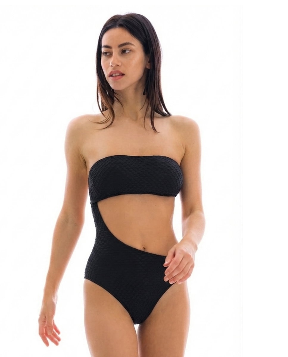 Bañador de mujer asimétrico liso con relleno - Río de Sol - Negro Negro-1