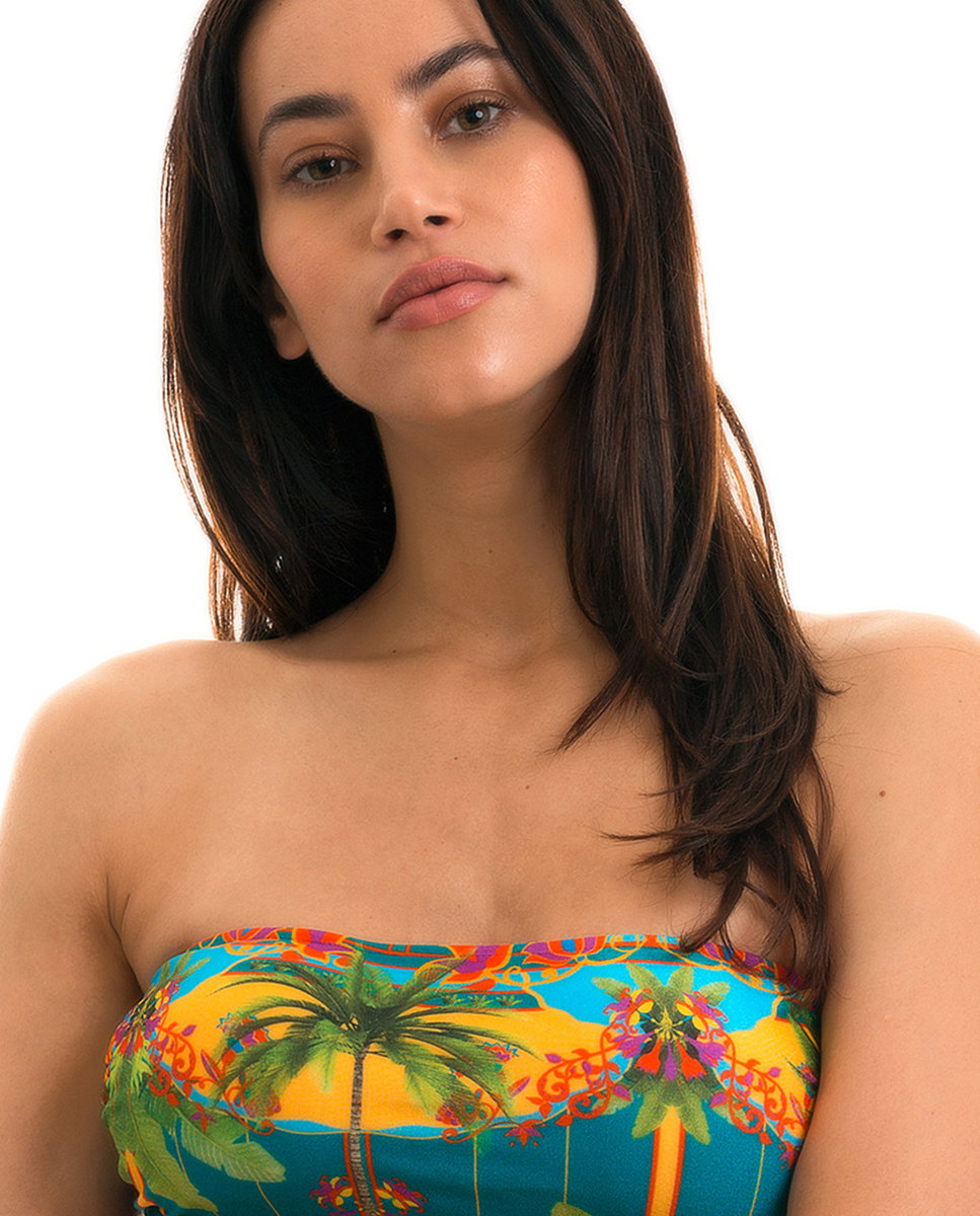 Top de bikini bandeau estampado con relleno - Río de Sol - Azul fumé Azul fumé-1