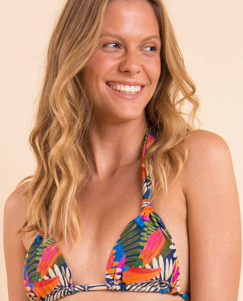 Top de bikini cuello halter estampado con relleno - Río de Sol - Azul fumé Azul fumé-1