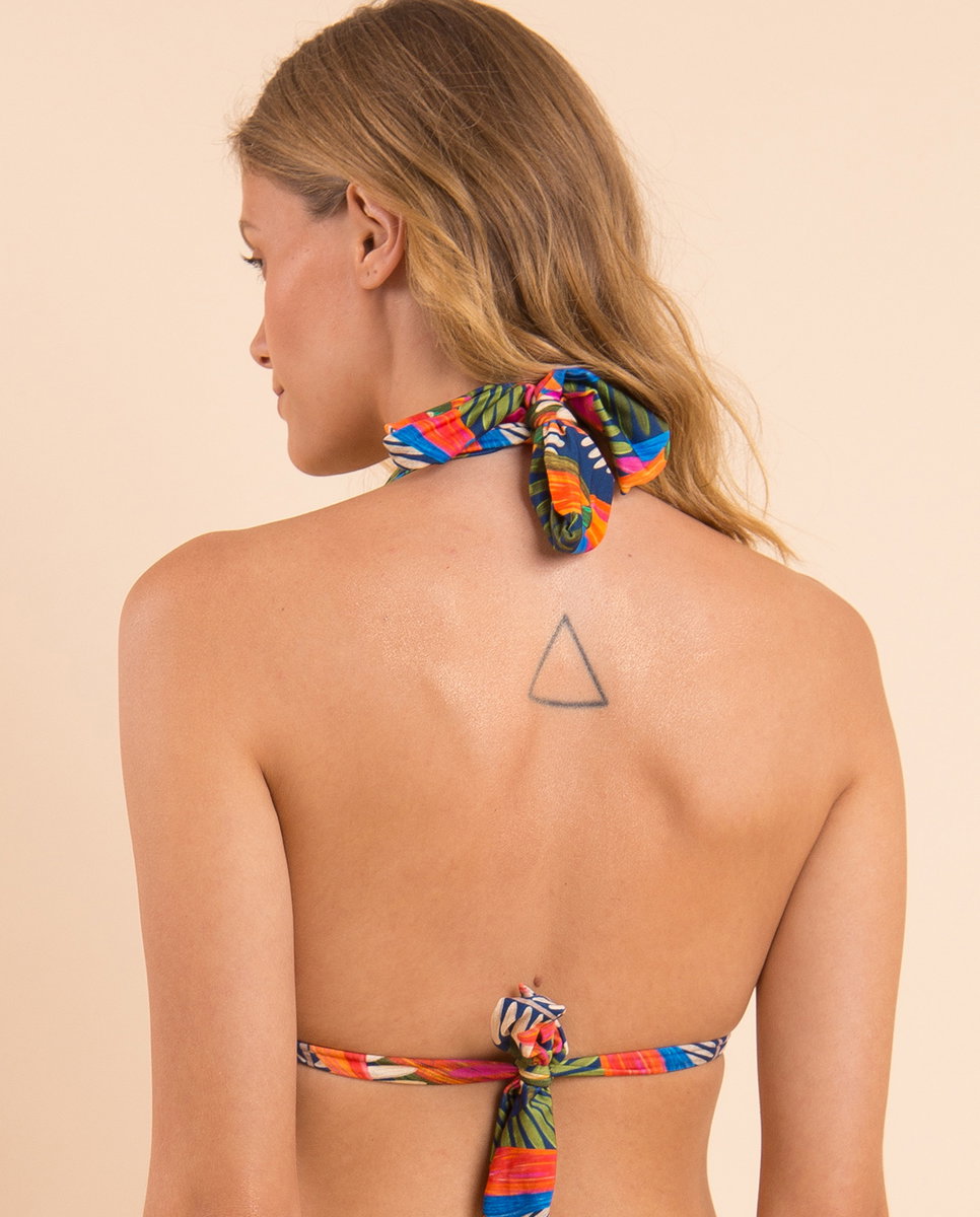 Top de bikini cuello halter estampado con relleno - Río de Sol - Azul fumé Azul fumé-3