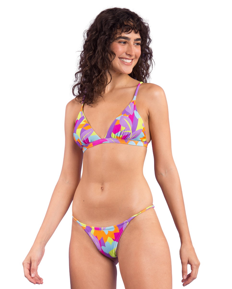 Top de bikini triángulo estampado con relleno - Río de Sol - Azul fumé Azul fumé-4