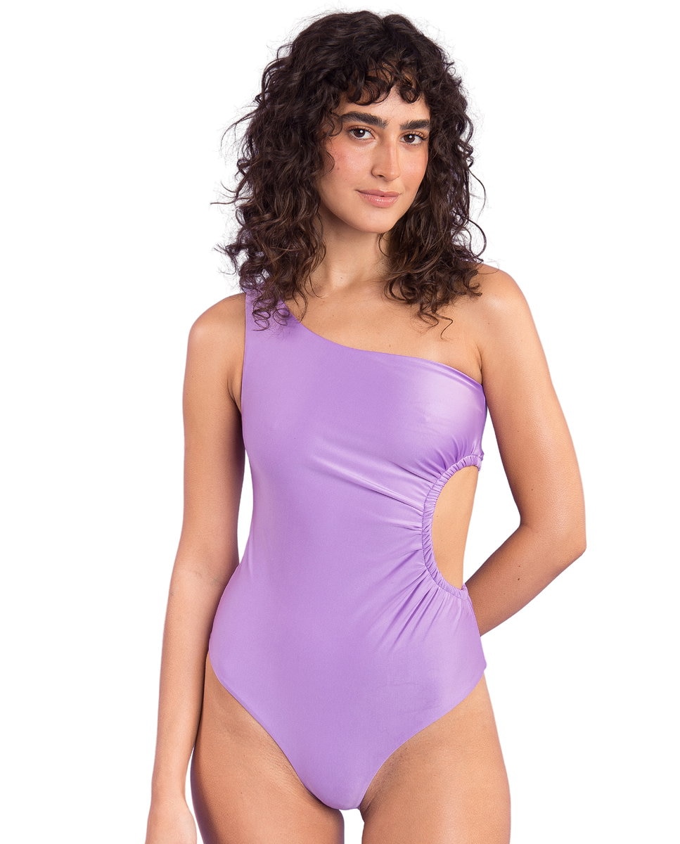 Bañador de mujer asimétrico liso - Río de Sol - Morado pastel Morado pastel-1