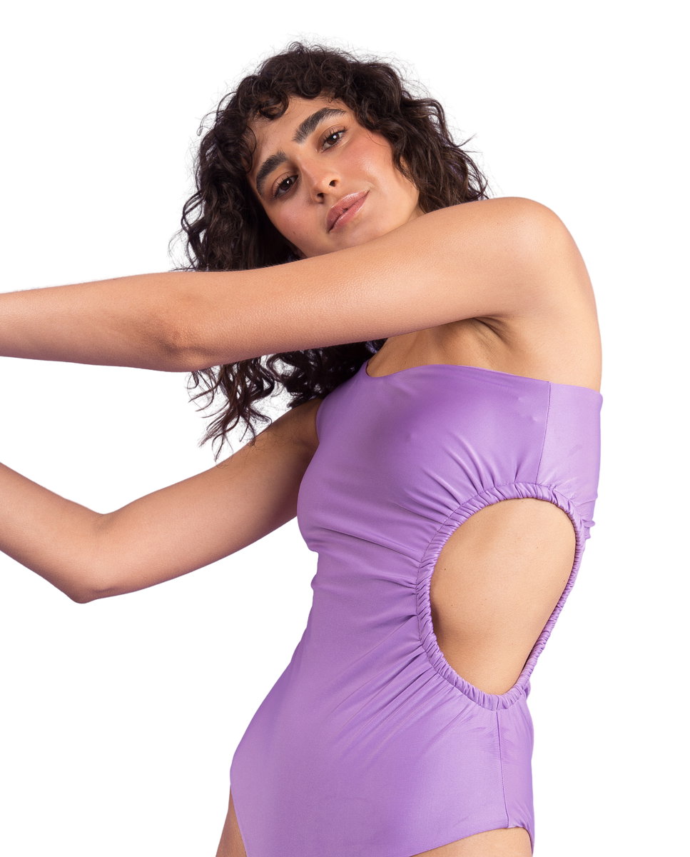 Bañador de mujer asimétrico liso - Río de Sol - Morado pastel Morado pastel-4