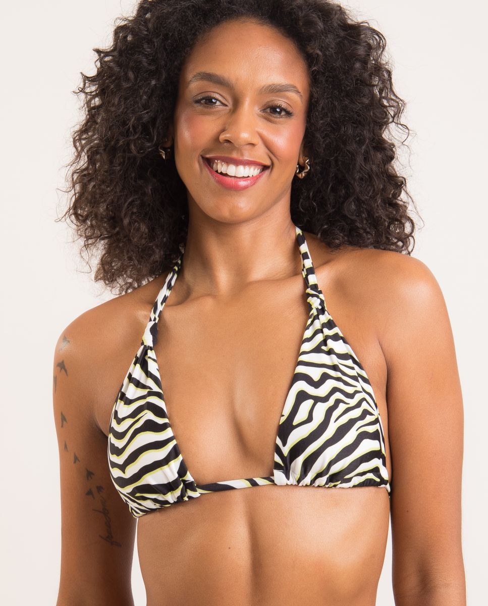 Top de bikini cuello halter estampado con relleno - Río de Sol - Blanco / Negro Blanco / Negro-1