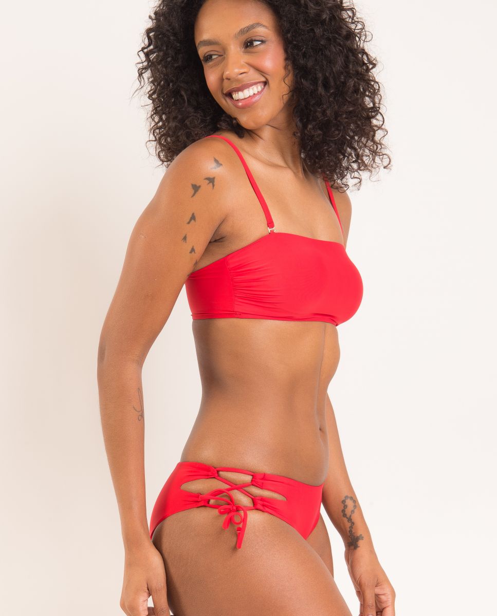 Braga de bikini con lazo lisa - Río de Sol - Rojo Rojo-4