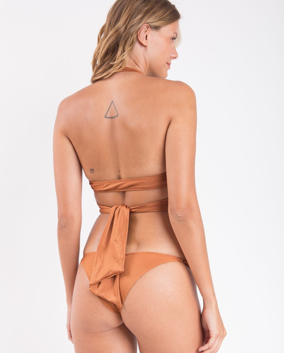 Top de bikini cuello halter liso con relleno - Río de Sol - Camel Camel-3