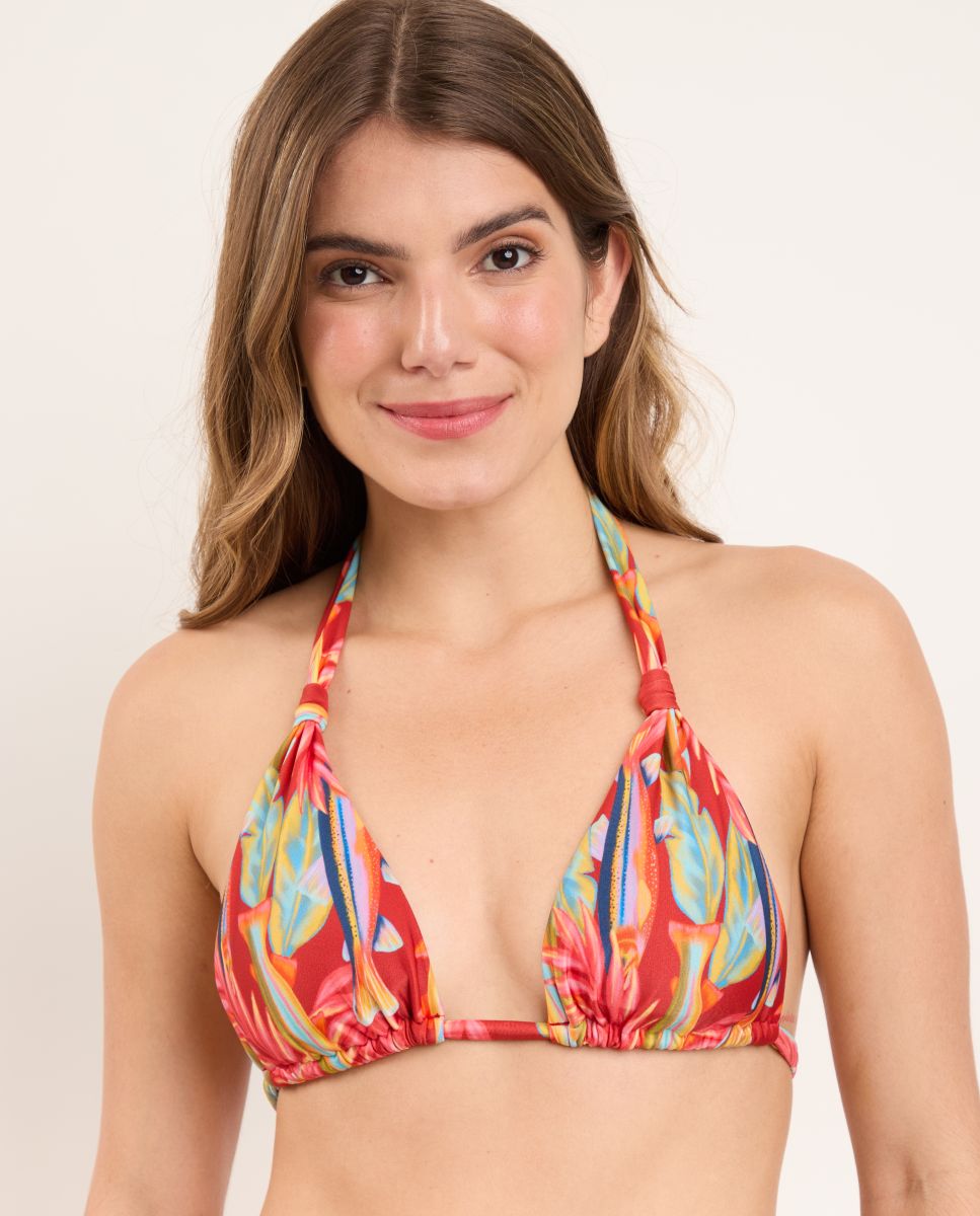 Top de bikini cuello halter estampado con relleno - Río de Sol - Rojo Rojo-1