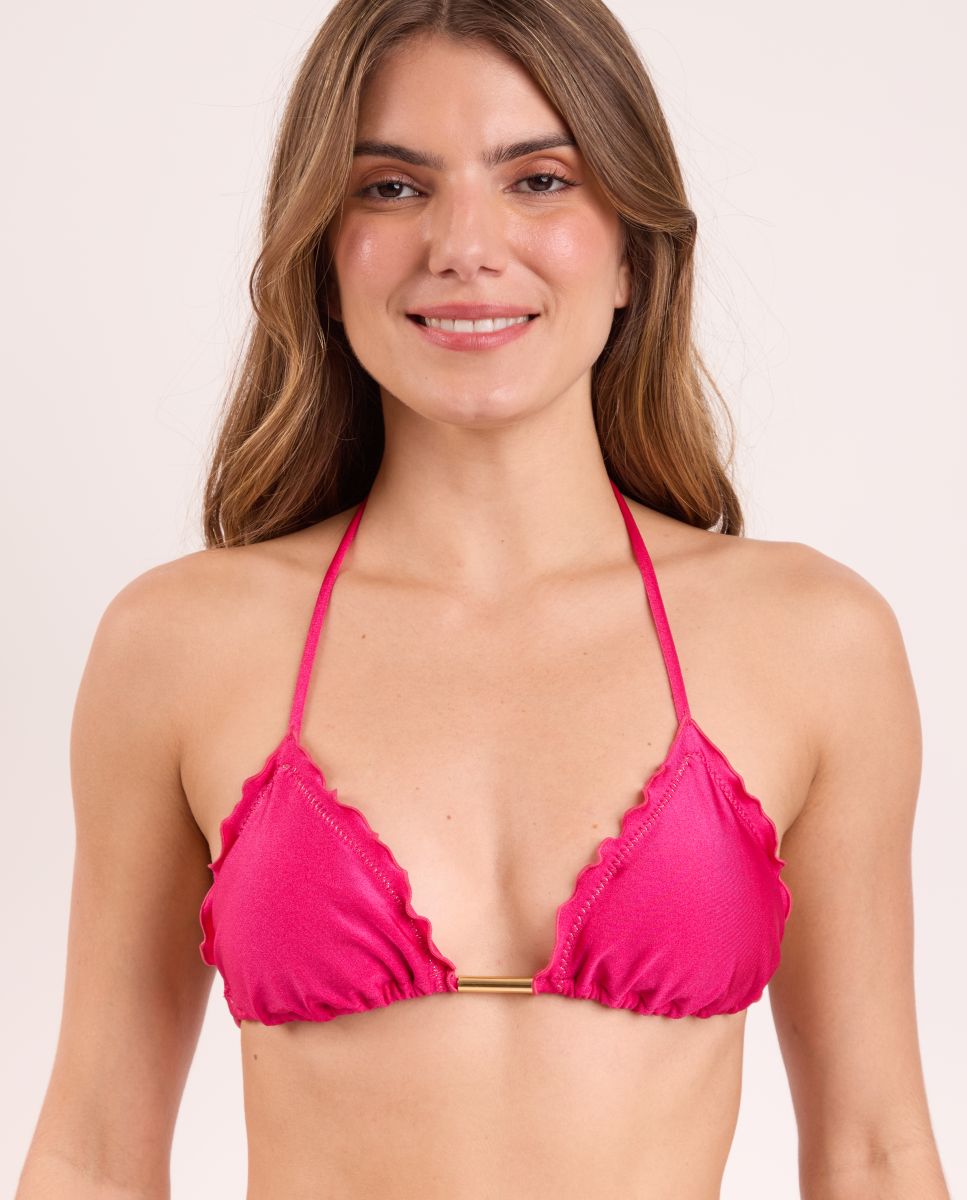 Top de bikini triángulo liso con relleno - Río de Sol - Fucsia  / Blanco Fucsia  / Blanco-1