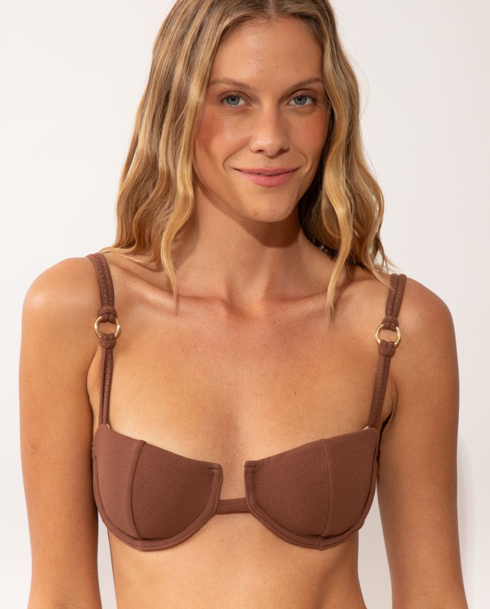 Top de bikini balconette liso con relleno - Río de Sol - Marrón oscuro Marrón oscuro-1