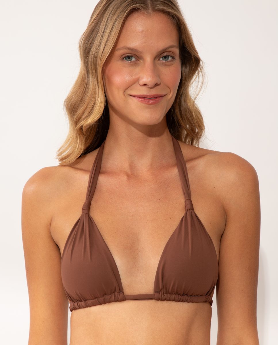 Imagen 1 de Top de bikini cuello halter liso con relleno - Río de Sol - Marrón oscuro Marrón oscuro