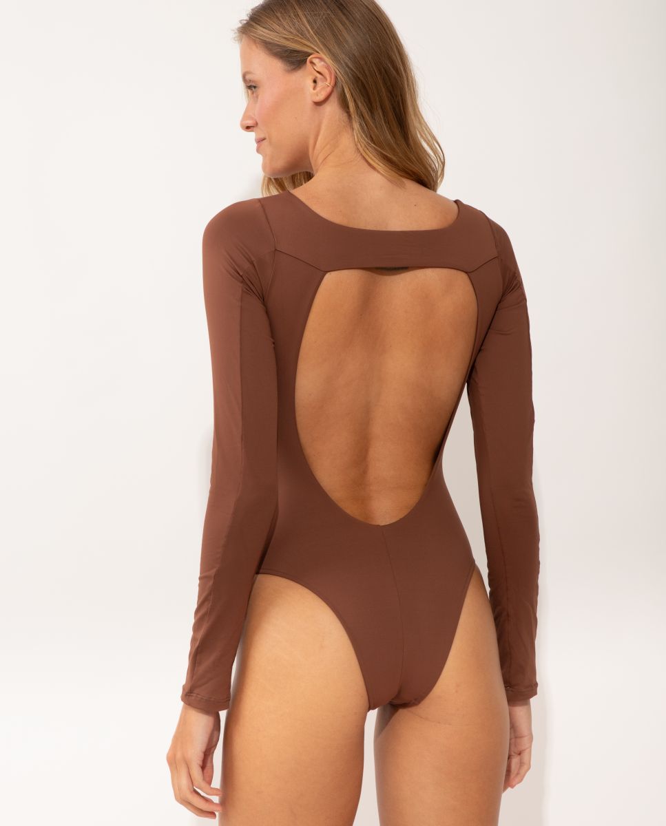 Bañador de mujer deportivo liso - Río de Sol - Marrón oscuro Marrón oscuro-2