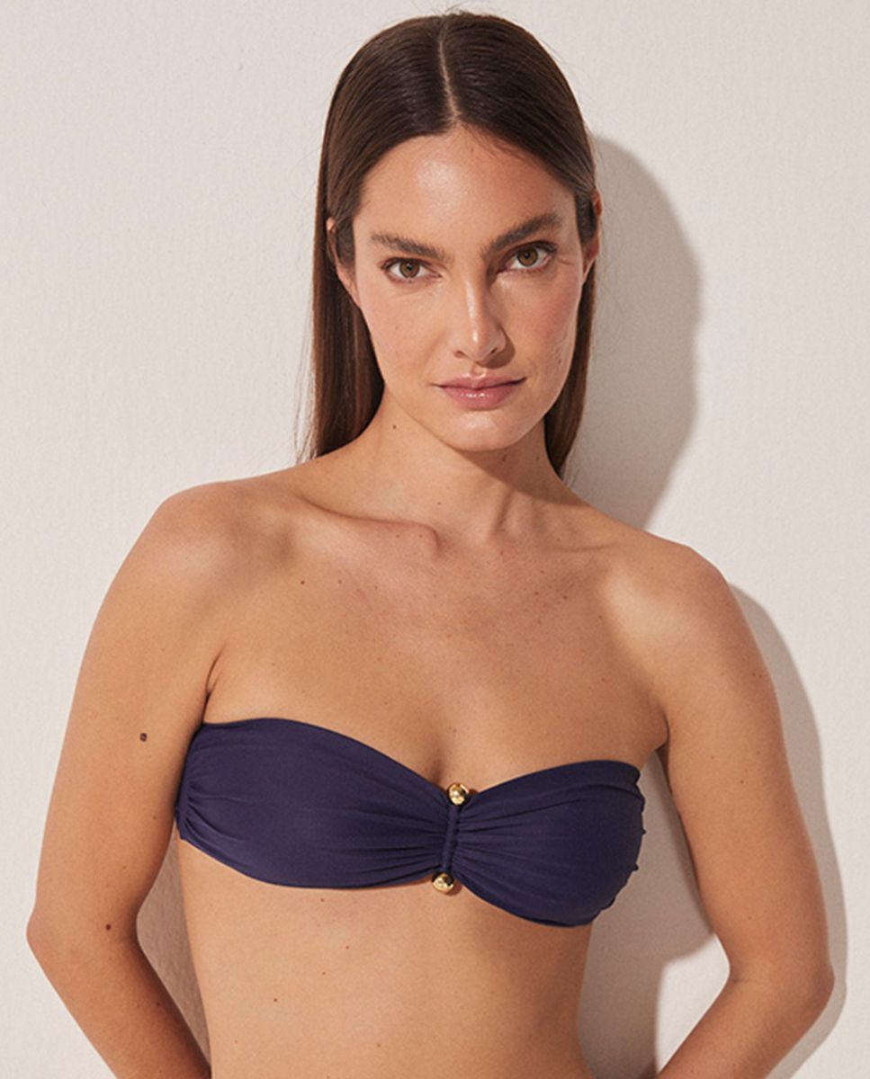 Top de bikini bandeau liso con relleno - Agua de coco - Azul oscuro Azul oscuro-1