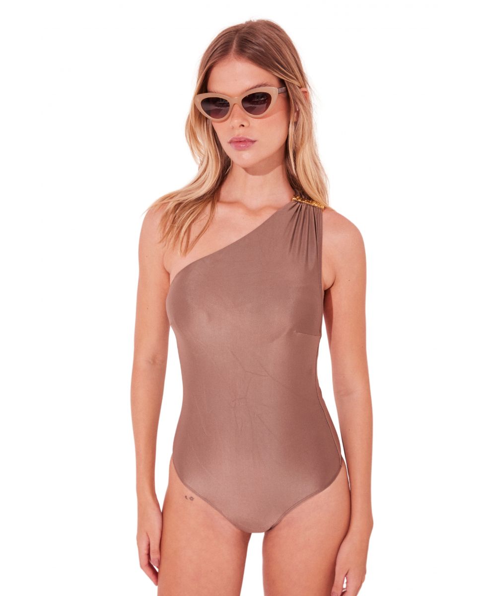 Bañador de mujer asimétrico liso con relleno - Agua de coco - Marrón claro Marrón claro-2