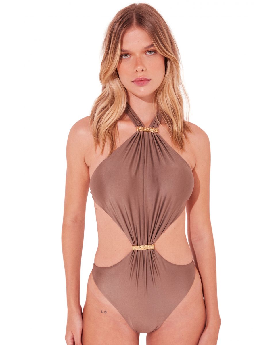 Bañador de mujer trikini liso con relleno - Agua de coco - Marrón Marrón-1