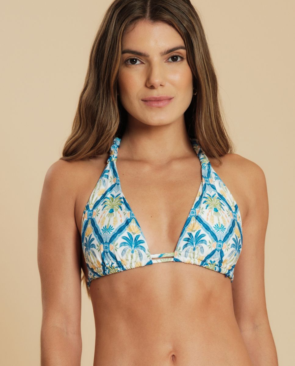 Top de bikini cuello halter estampado con relleno - Blueman - Azul / Amarillo Azul / Amarillo-1