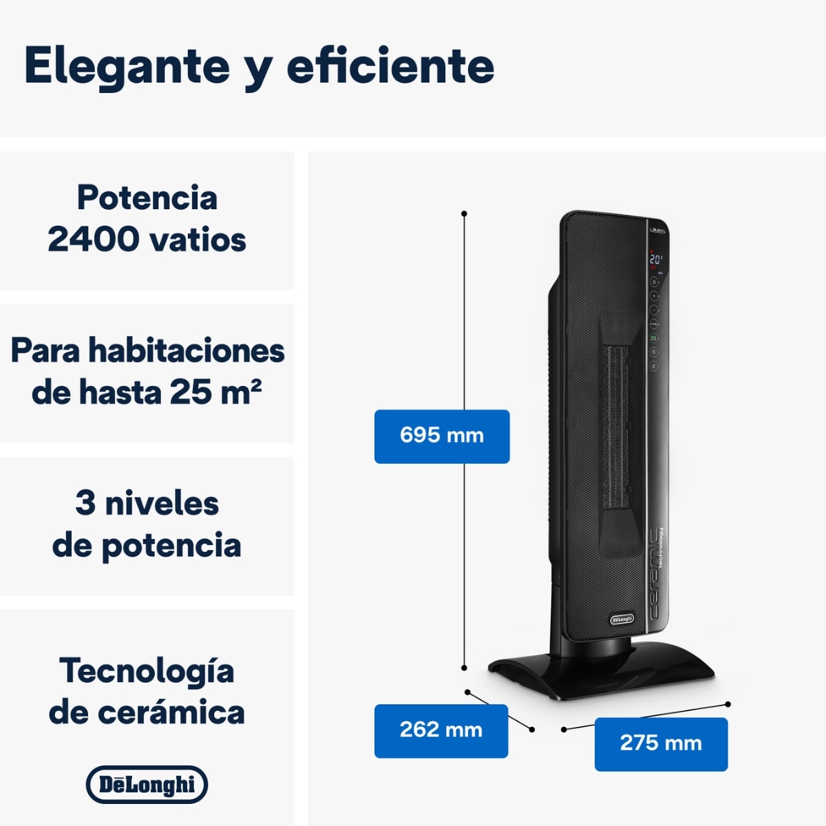 Imagen 2 de Termoventilador cerámico de torre De'Longhi TCH8993ER.BC con 3 ajustes de potencia y Eco-Energía. - Negro Negro