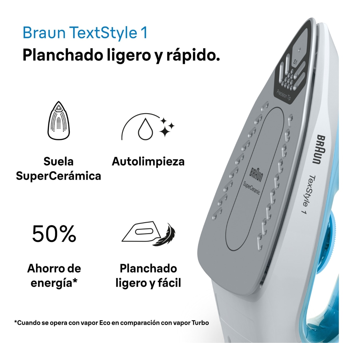 Plancha de vapor Braun TexStyle 1 SI1050BL con suela SuperCeramic - Blanco / Azul Blanco / Azul-3