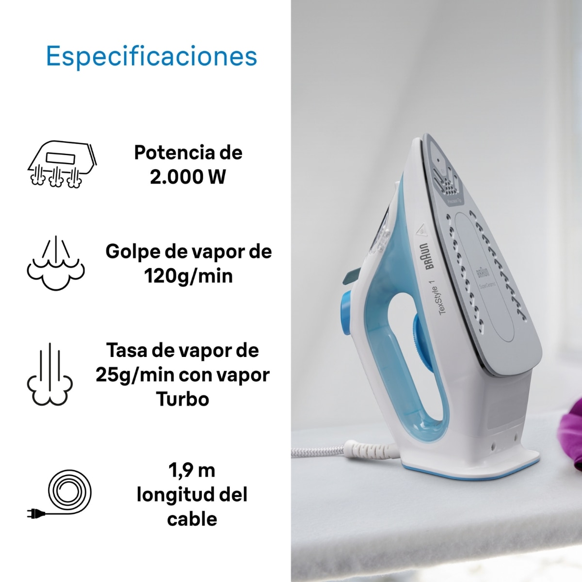 Plancha de vapor Braun TexStyle 1 SI1050BL con suela SuperCeramic - Blanco / Azul Blanco / Azul-4