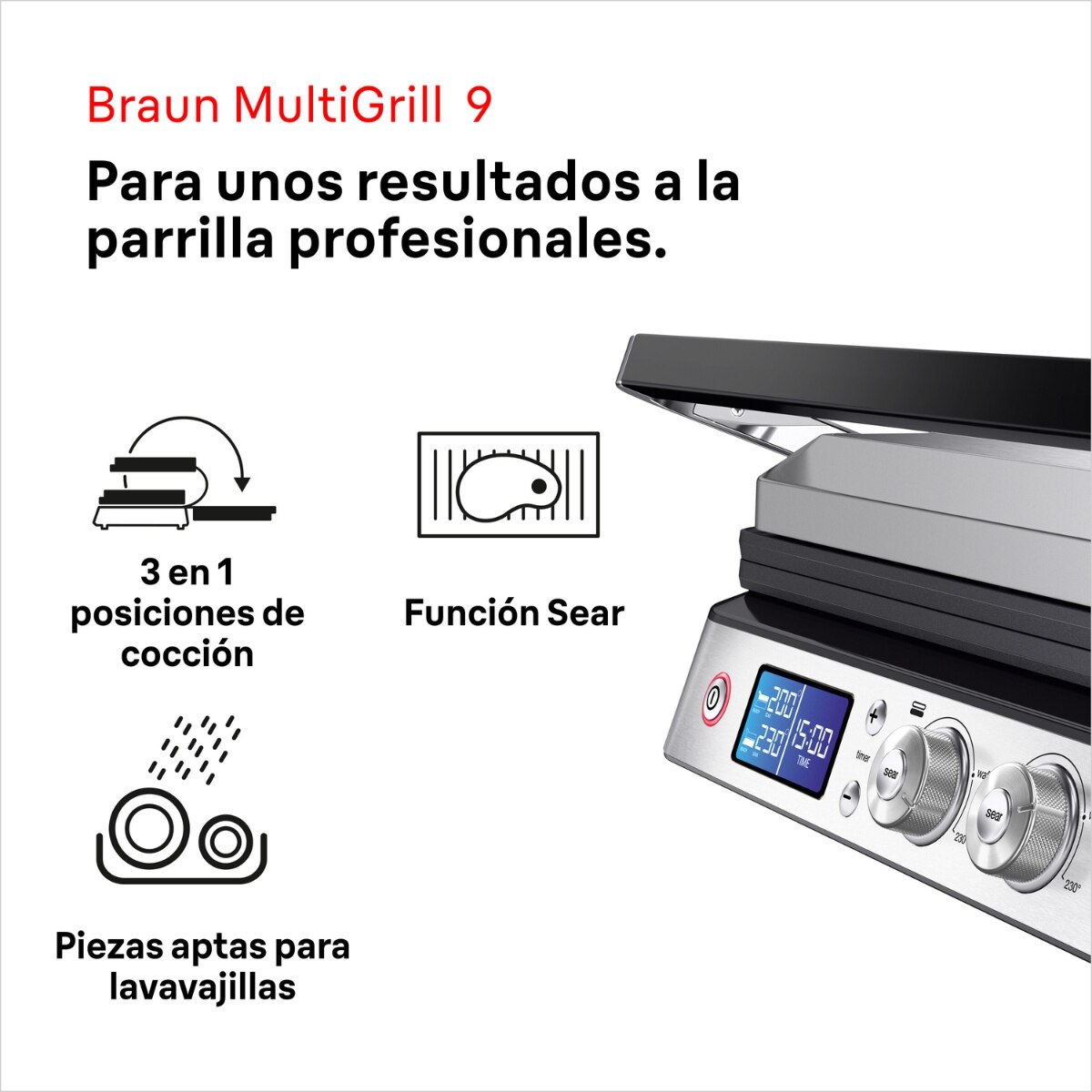 Multi Grill 9 Braun CG9043 3 en 1 con set doble de grills y planchas - Gris acero Gris acero-3