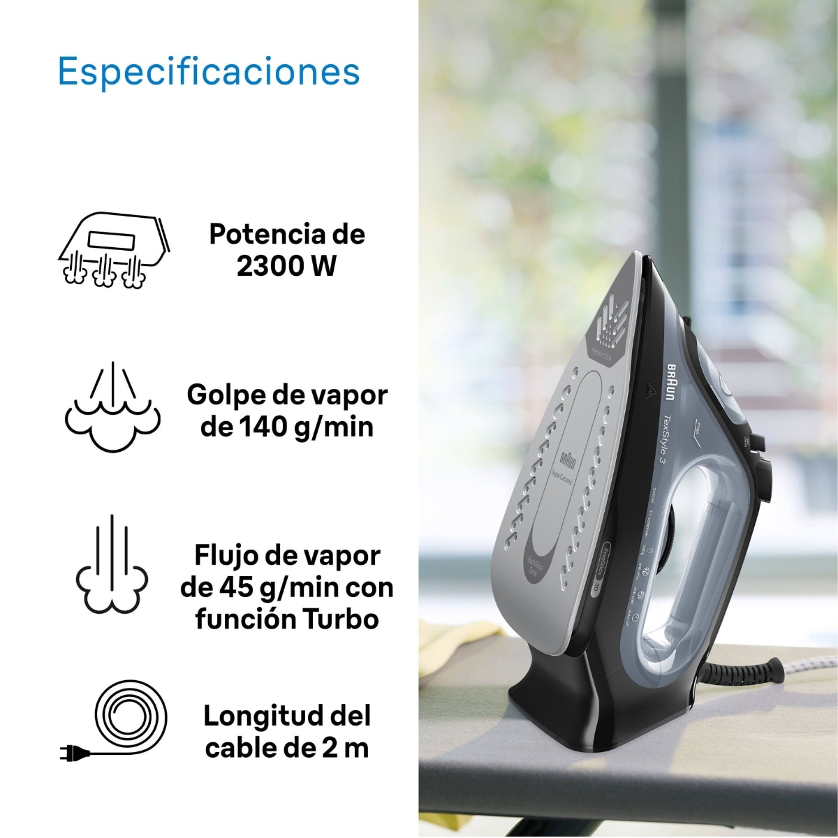 Imagen 6 de Plancha de vapor Braun TexStyle 3 SI3055BK 2400 W con suela bidireccional SuperCeramic - Negro Negro