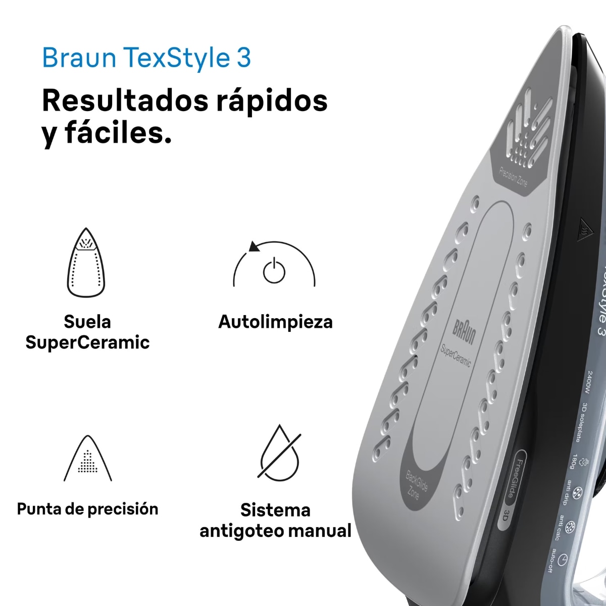 Imagen 7 de Plancha de vapor Braun TexStyle 3 SI3055BK 2400 W con suela bidireccional SuperCeramic - Negro Negro