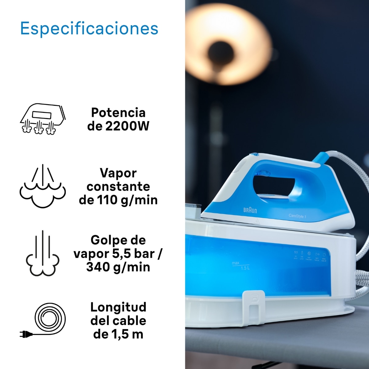 Centro de planchado Braun CareStyle 1 IS1012BL golpe de vapor 340 g/min - Blanco / Azul Blanco / Azul-2