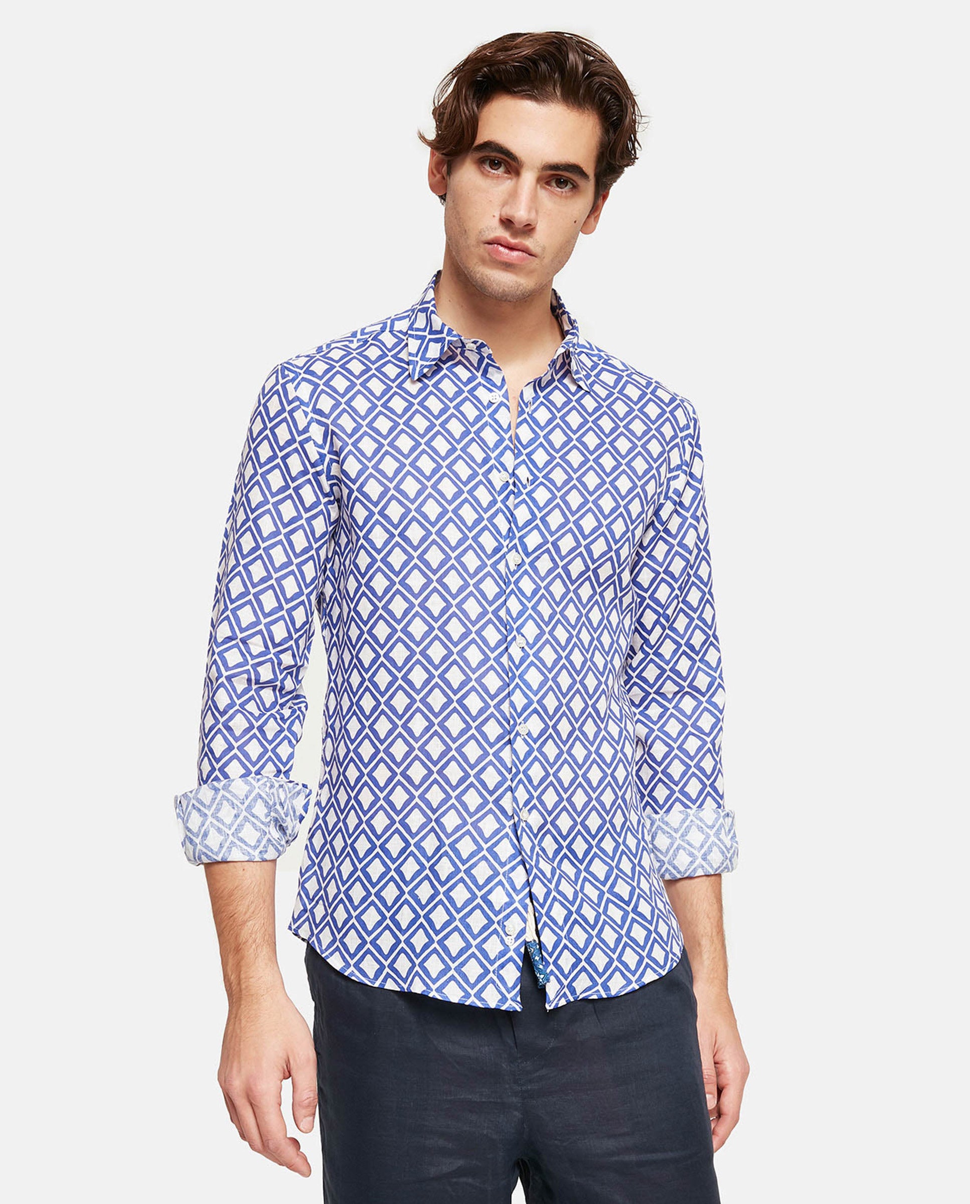 Imagen 0 de Camisa de lino de hombre classic con estampado en color azul Azul