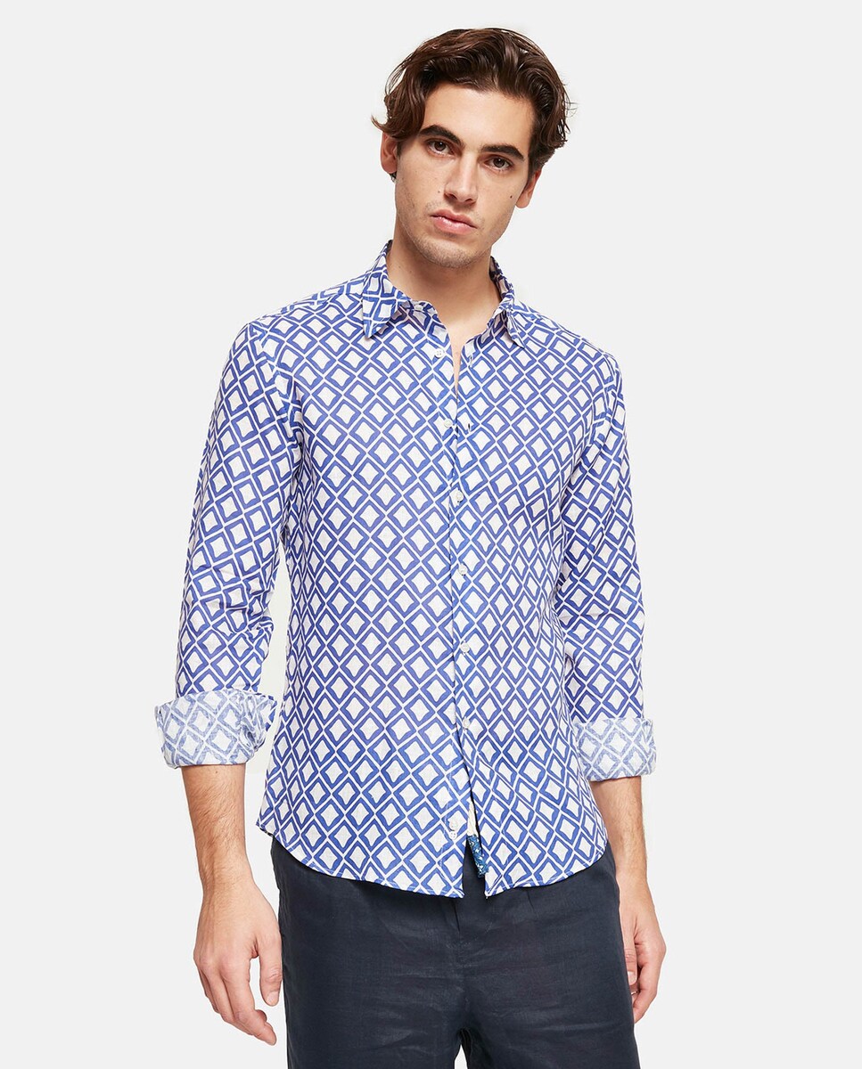 Camisa de lino de hombre classic con estampado en color azul