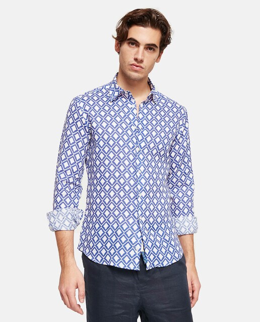 Imagen 0 de Camisa de lino de hombre classic con estampado en color azul